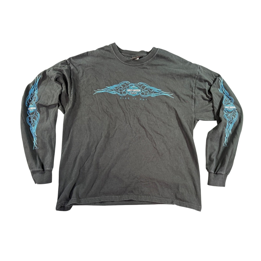 Vintage Harley-Davidson Long Sleeve T-Shirt Mens‎ XL Black Blue Tribal Flame USA